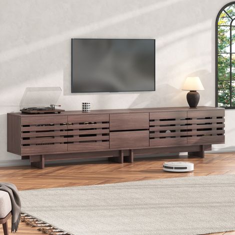 Meuble TV contemporain, console basse pour écrans jusqu'à 200 cm, 4 portes à charnières, 2 tiroirs, 6 espaces de stockage, parfait pour séjour ou chambre, finition noyer, dimensions 200x39,5x55 cm. (1/5)