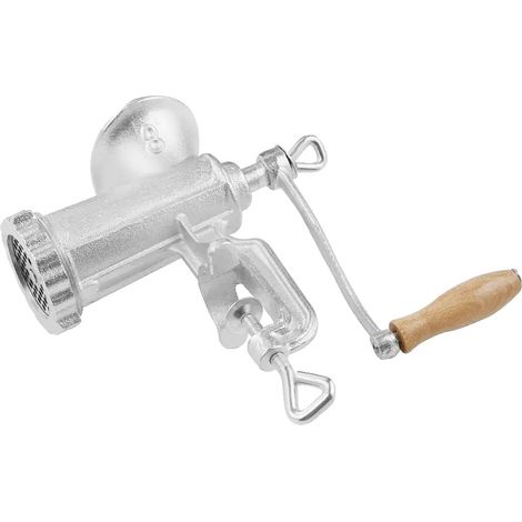 Picadora de carne, funcionamiento manual, tubos para embutir salchichas, color plata. (1/2)