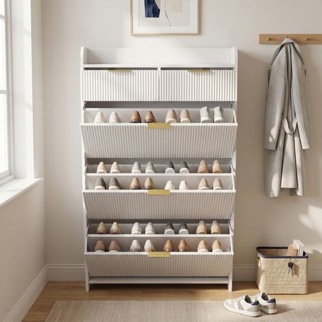 Schuhschrank, 3 Klappen 2 Schubladen, große Kapazität, elegante Rillenfront für Flur, moderner Skandi-Stil(77.1x24.2x133.5cm, Weiß) (1/5)