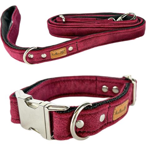 Laisse et collier pour chien - Ensemble avec laisse et collier - Collier double couche solide avec boucle en métal ou en plastique (cerise, M (boucle en métal)) (1/5)