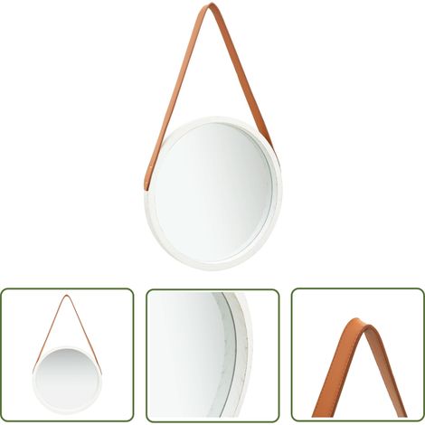 The Living Store Miroir mural avec sangle 40 cm Blanc - Miroir Mural - Miroir Rond - Miroir Décoratif - Miroir Vintage - Miroir Suspendue (1/5)