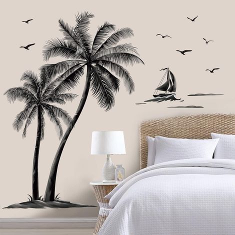 Stickers Muraux Palmier Noir Grand Autocollant Mural Plante Tropical Oiseau Décoration Murale Chambre à Coucher Salon Bureau(H:153cm) (1/5)