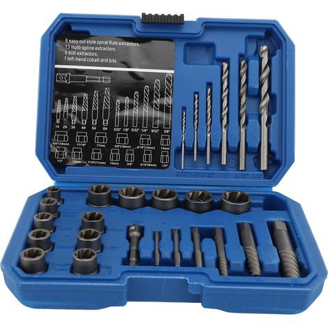 Extracteur de vis en spirale, outils de retrait d'écrous de boulons 40Cr, jeu de dissolvant multi-cannelures avec foret à main gauche 26 pièces. (1/5)