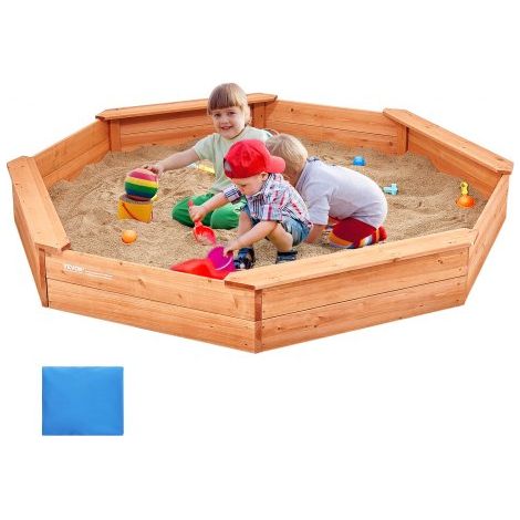 Holzsandkasten mit Abdeckung, achteckiger Sandkasten, Sandgrube mit 4 Sitzplätzen & Bodenauskleidung, Kindersandkasten für den Garten, Geschenk für Jungen & Mädchen im Alter von 3–12 Jahren (1/5)
