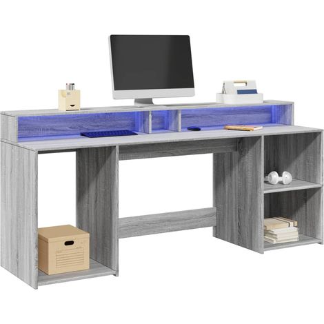 Escritorio con LED madera ingeniería gris 200x55x91 cm