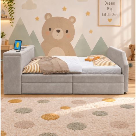 Kinder-Ausziehbett 140x200 cm Samt Grau mit USB-Schreibtisch, ohne Matratze – MEUBLIV (1/5)