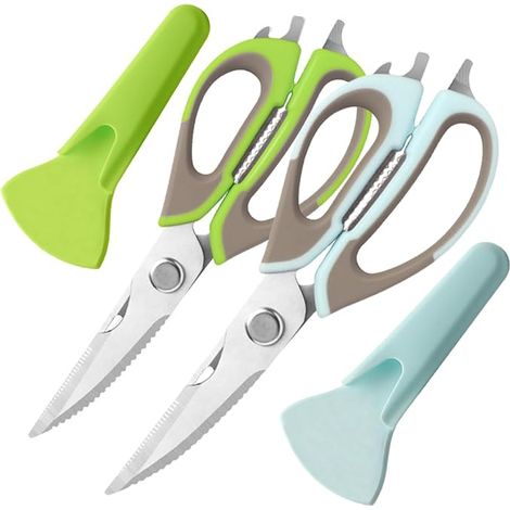 Lot de 2 ciseaux de cuisine robustes avec support magnétique : ciseaux alimentaires multifonctions, démontables, antirouille, magnétiques pour réfrigérateur (vert et bleu). (1/4)
