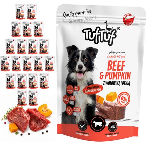 Cibo umido per cani TufTuf, gusto manzo e zucca, confezione da 20 bustine da 300 g, carne in scatola. (1/2)