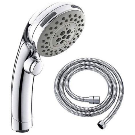 Pommeau de douche chromé électrolytique avec bouton d'arrêt, pommeau de douche à main + tuyau de 1,5 m, 1 pièce (1/5)