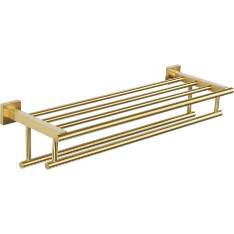 Porte-serviettes mural double barre avec étagères en acier inoxydable, convient aux cuisines et salles de bains, 40 cm de long, doré,Installation de forage (1/5)
