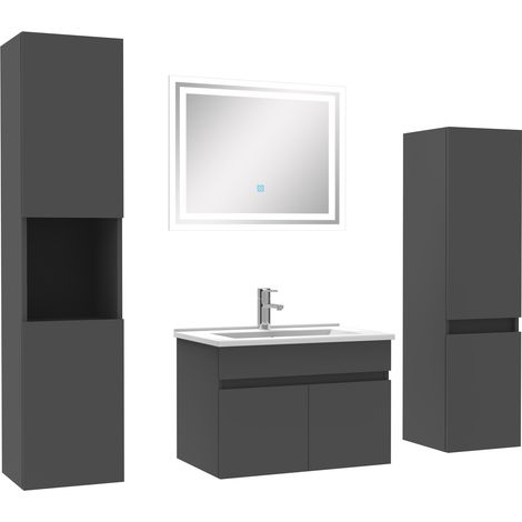 Ocean meuble Salle de Bain Anthracite 60cm simple vasque + colonne + miroir LED