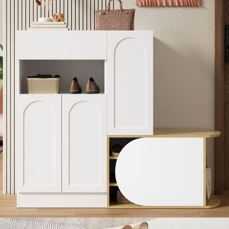 Scarpiera con panca, 1 cassetto, 5 ante e vano aperto in MDF bianco e legno 130x35x110,5 cm (1/5)