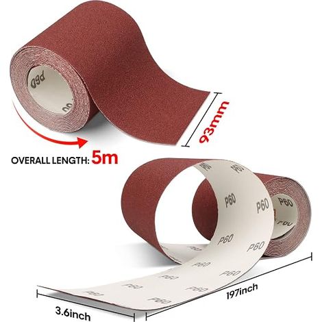 Sandpaper Roll Set 5 Rolls 9.5cm x 5m 60/80/120/180/240 Grit Aluminum Oxide Sandpaper for Sanding (1/4)