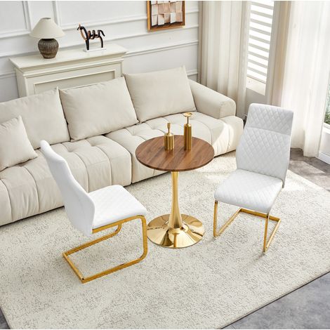 Ensemble table et chaises rond 60 cm MDF effet noyer, 2 chaises blanches HAVRYA (1/5)
