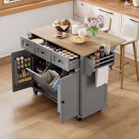 Îlot cuisine roulant gris espace repas extensible compartiment poubelle tiroirs rangement (1/5)
