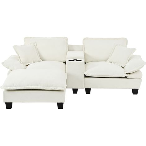 Sofá modular en L de chenilla beige con USB, portavasos y espacio de almacenaje, 224 x 155 x 90 cm (1/5)