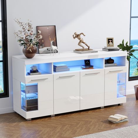 Buffet enfilade 140x40x70 cm LED verre trempé blanc OKMYHOME (1/5)