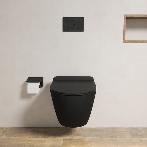 WC suspendu à faible encombrement, sans rebord, en céramique noire mate, avec siège à fermeture progressive Mod. Parigi
