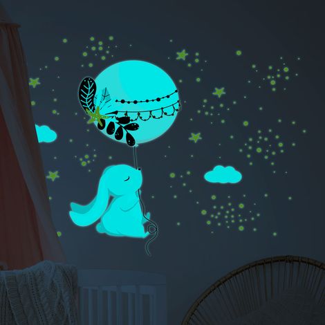Sticker phosphorescent lumineux - LAPIN INDIEN ET SON BALLON MAGIQUE - Autocollant mural plafond enfant fluorescent - 90x60cm (1/5)