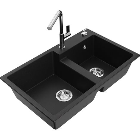 Mexen Tomas 2-Becken-Granitspüle mit Mischbatterie Flora, Schwarz - 6516-77-670401-00