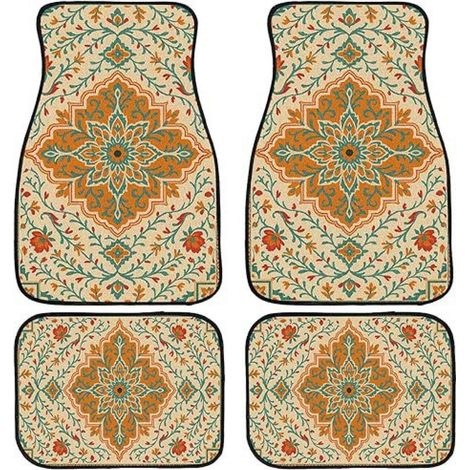 Juego de alfombrillas naranjas para coche (4 piezas), con estampado floral bohemio, fabricadas en vinilo, universales, compatibles con turismos. (1/5)