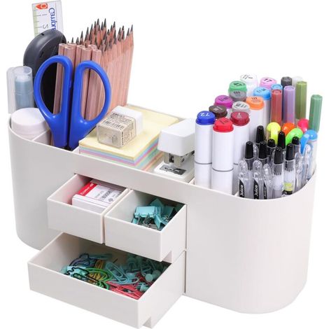 Organiseur de bureau avec tiroir et 7 compartiments, porte-stylos couleur beige (1/5)
