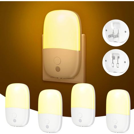4 Lampes de Nuit LED à Brancher au Mur (Norme Européenne) : Capteur Crepuscule à Aube, Prise Rétractable et 3 Niveaux de Luminosité Réglables, Lumière Chaud 3000K Dimmable pour Chambre, Escalier, Coul (1/5)