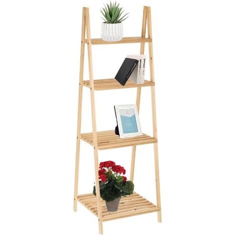 Scaffale Portaoggetti a Scala con 4 Ripiani realizzato in legno di Abete naturale - Mis. 42x43x134 cm - Scaffalatura salvaspazio per Libri, oggetti e (1/5)