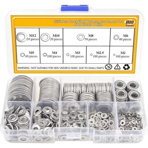 Rondelles en acier inoxydable, rondelles plates Kit de quincaillerie pour Rondelles métalliques assorties polyvalentes pour appareils électriques et automobiles (1/5)