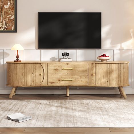 TV-Schrank 160 cm in Kieselsteinform, mit geriffelten Schiebetüren, 2 Schubladen und Massivholzfüßen, moderner skandinavischer Stil – Natur