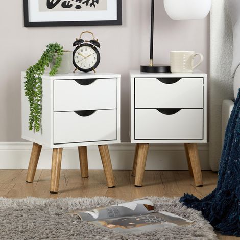 Pair Of Bedside Cabinets White 2 Drawer Bedroom Side Table Wooden Legs Modern (1/5)