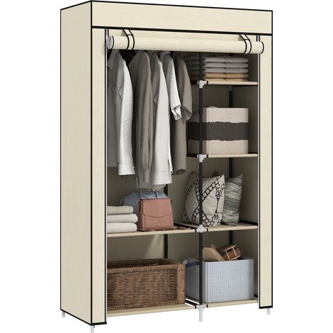 Armadio in tessuto, soluzione di archiviazione, 6 ripiani, 1 appendiabiti, beige (1/5)