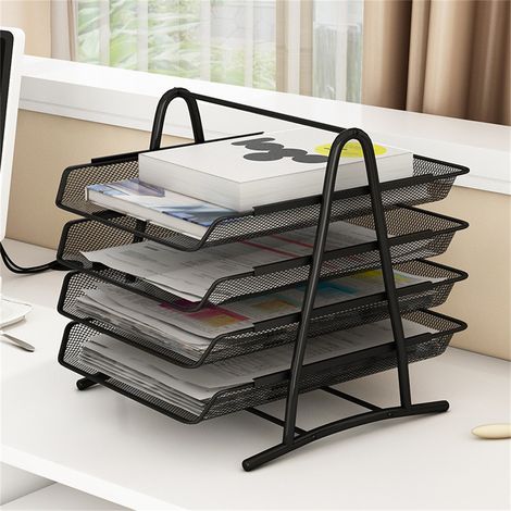 Plateau de bureau à documents en métal noir, 4 niveaux, avec support en maille métallique pour papier et lettres, idéal pour la maison, les études ou l'école. (1/3)
