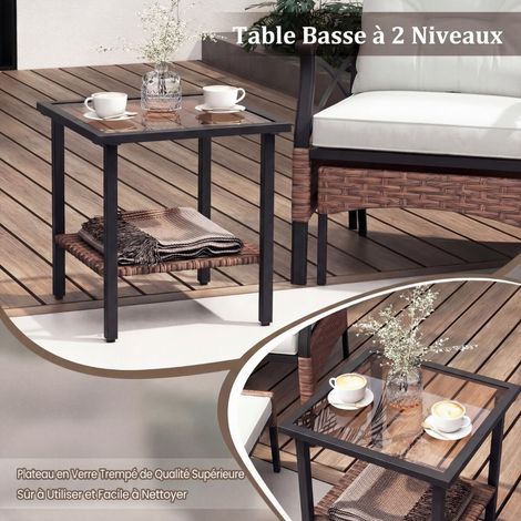 Salon de jardin beige 5 pièces en résine tressée avec 2 fauteuils, 2 poufs et table en verre trempé pour terrasse, jardin et balcon (1/5)