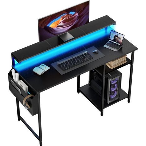 Computer Desk - ECOFURNIX - 120 x 48 cm - Two-Level Model - LED Lighting - Height Adjustable - Black