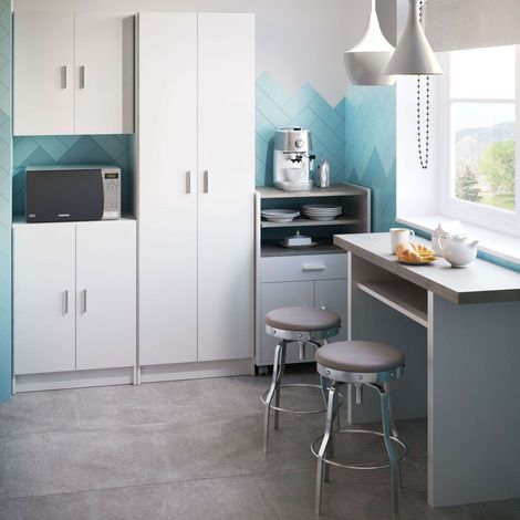 Muebles Cocina Blancos Y Gris Moderno (3 Armarios + Carrito Microondas + Mesa Plegable)