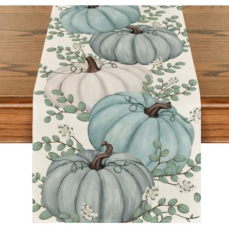 Tableau de table automne citrouilles bleues feuilles d'eucalyptus 13x90 pouces, déco Thanksgiving, nappe longue festive pour salle à manger, motif souriant. (1/5)
