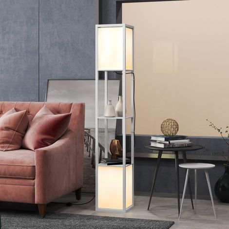 Lampadaire moderne blanc 156 cm avec 2 étagères et 2 abat-jour, ampoules E27 max 40W, dimensions 26x26 cm, design épuré.