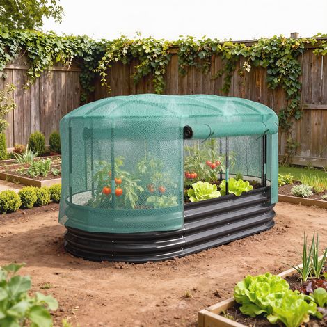 Carré potager de jardin avec cage de protection gris et vert jardinière surélevée en acier galvanisé 180 x 90 x 93 cm style élégant (1/4)