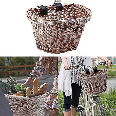 Panier de vélo en osier en forme de D, panier de courses tissé à la main, panier de rangement pour guidon de vélo avec cuir (1/4)