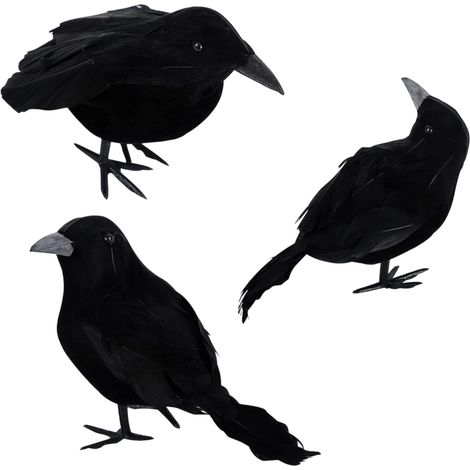 Corbeau d'Halloween - Plumes artificielles - Idéal pour la décoration de fêtes d'Halloween, en intérieur et en extérieur - Noir - Lot de 3 (1/5)
