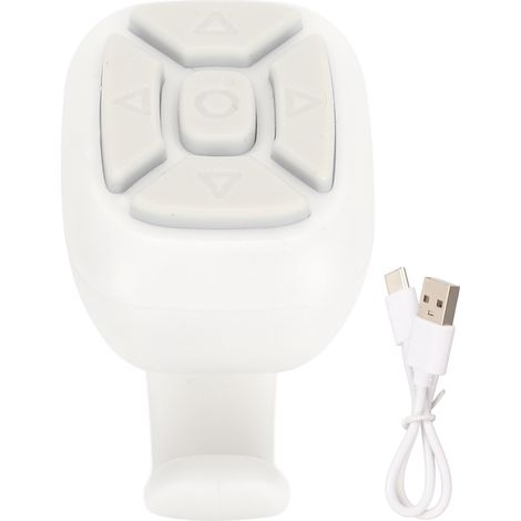 Télécommande multifonctionnelle pour smartphone et tablette : déclenchement, changement de page, photographie, réglage du volume, pause, lecture (blanche).