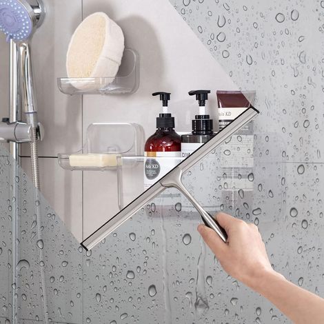 Raclette de Douche en Acier Inoxydable - Raclette de Douche avec Lame de Nettoyage en Silicone de 30,5 cm et Crochet adhésif Mural pour Salle de Bain, Cuisine, Miroir, des fenêtres et des vitres