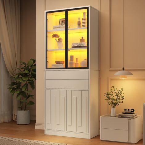 MODFU – Vitrine 70x34x180 cm blanc mat – LED Bluetooth et 2 tiroirs – 4 portes – Blanc (1/5)
