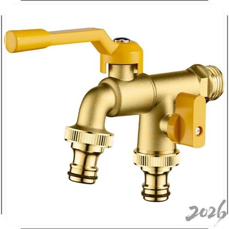 Rubinetto esterno in ottone con maniglia gialla, 1 ingresso e 2 uscite, bloccabile, doppia uscita per giardino, cortile, lavatrice
