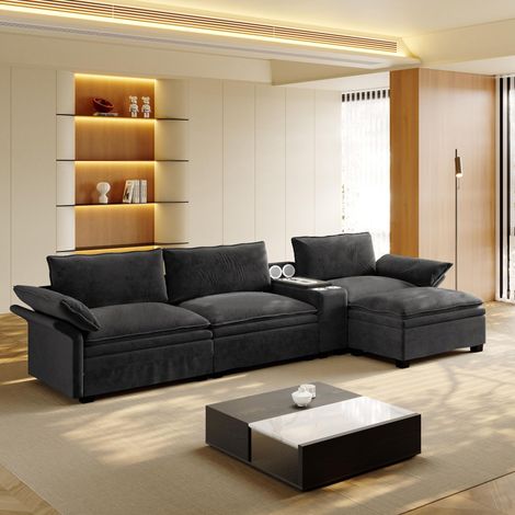 Canapé d'Angle Modulaire Cloud - 315cm - Canapé 4 Places en Chenille avec Enceintes Bluetooth et Chargeur Sans Fil - Noir (1/5)
