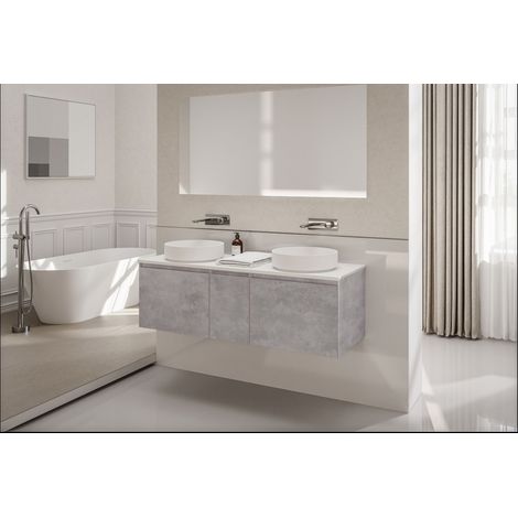 BERNSTEIN - Mobile lavabo sospeso in cemento MDF lavabo Ghisa bianco opaco + 3 cassetti a sinistra - 150x45x52cm - INALCO 1500 Grigio effetto cemento (1/5)