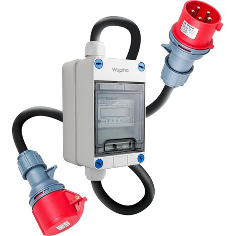 Compteur de courant numérique mobile 32 A, 3 phases avec LED, adaptateur CEE 32 A vers 32 A, fiche IP44 à 5 broches et connecteur avec câble d'extension CEE 2,5 mm² (32 A 1 M+1 m) (1/5)