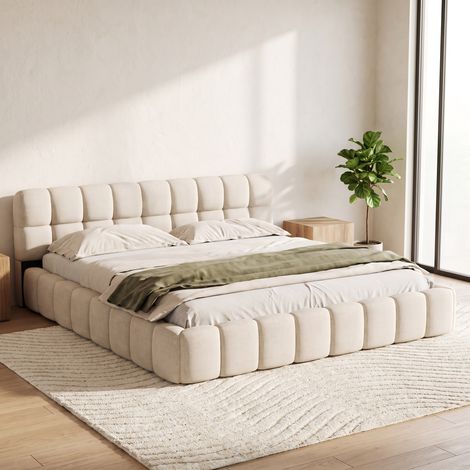 Lit adulte 160x200 cm - lit double，dossier moelleux ，bordure rembourrée, sommier à lattes - lin - beige (1/5)