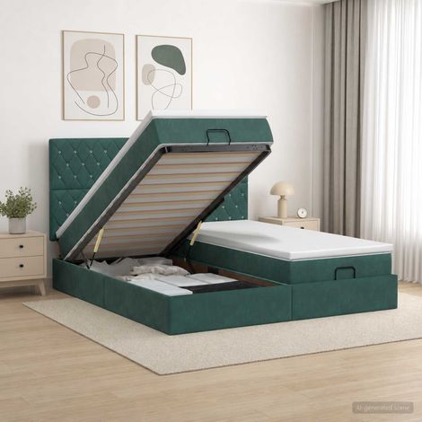 vidaXL Lit coffre avec matelas et LED Vert foncé 200 x 200 cm Velours (1/5)